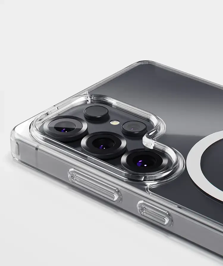 Clear phone case by DROPGUYS, showing the camera lenses, in an ultra slim design.
