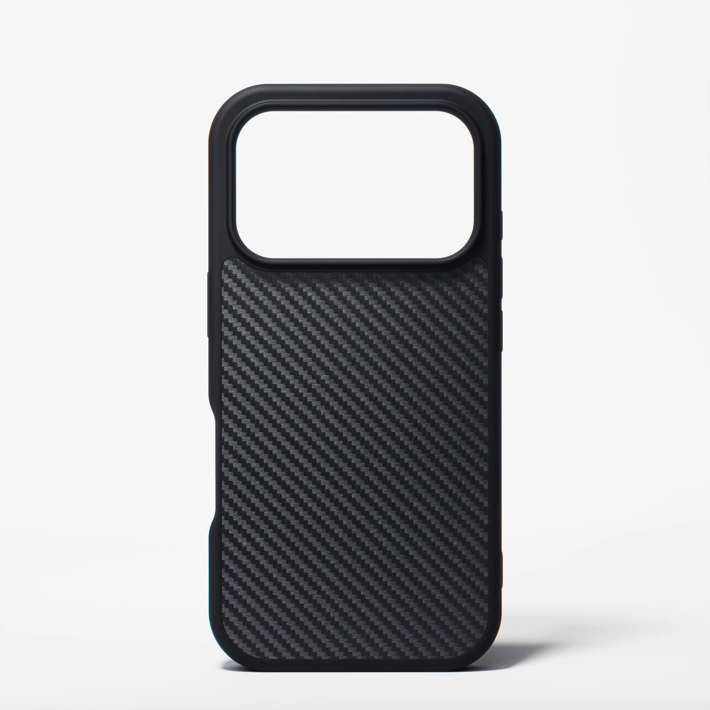 Black aramid fiber iPhone 18 Pro case by Dropguys — The Ultimate, with raised camera border.