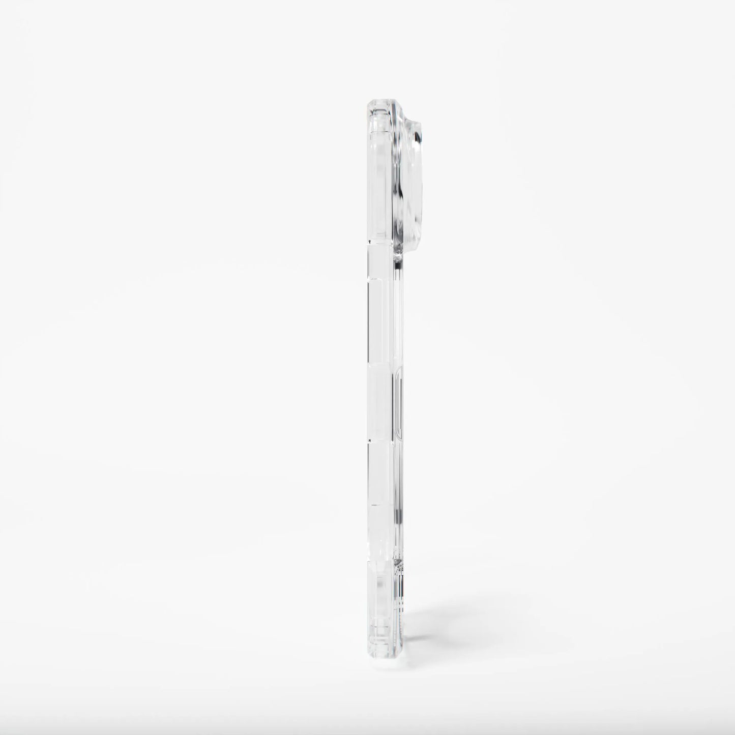 Side profile of the ultra slim clear Dropguys iPhone 18 Ultra case, showing button covers and thin fit.