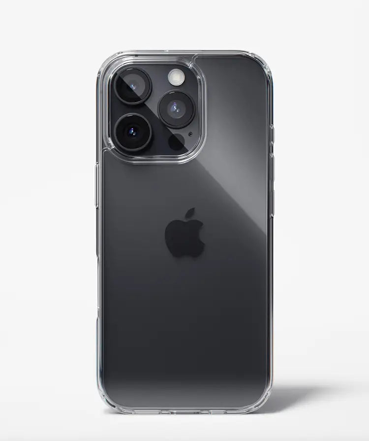A clear ultra slim iPhone case providing protection for the phone's camera and screen with raised borders. It is compatible with MagSafe and wireless charging.