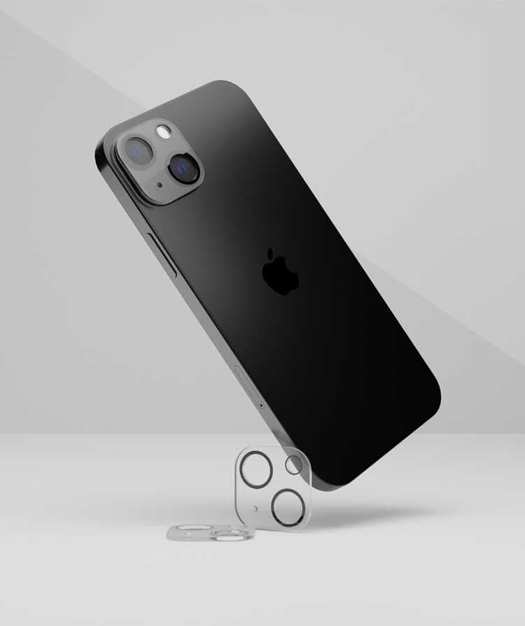 Camera lens protector for the iPhone 15 by DROPGUYS, positioned in front of a black smartphone.