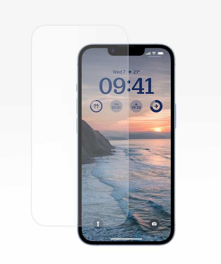 Screen protector for the iPhone 15 by DROPGUYS with an unobstructed view of the smartphone's lock screen.