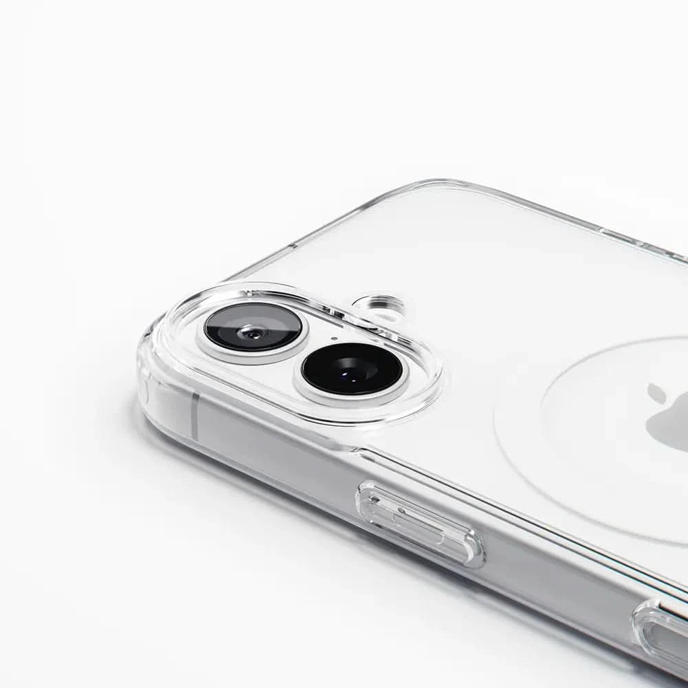 Clear ultra slim iPhone 17 case by DropGuys, showcasing the camera lenses and subtle side buttons.