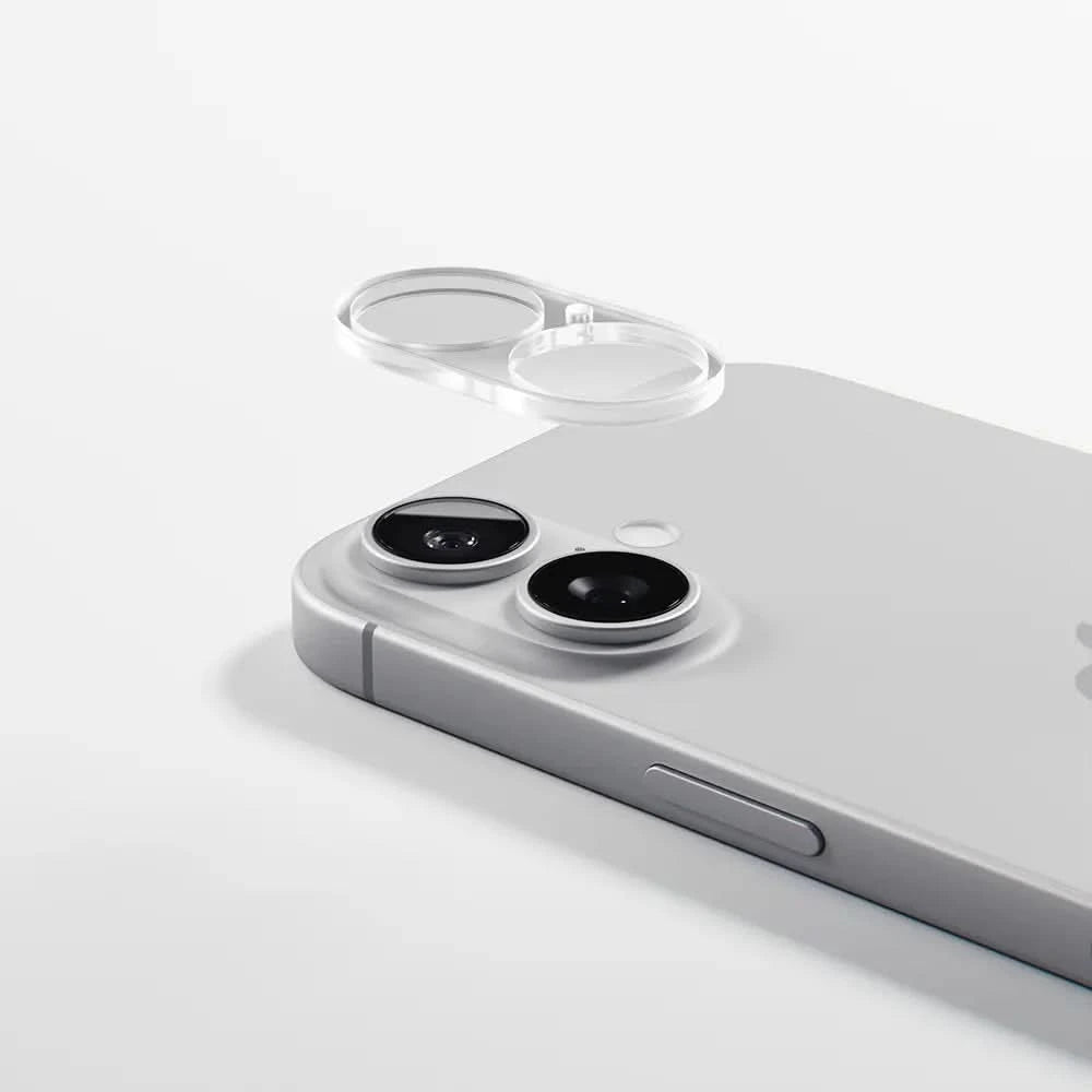 Clear iPhone 17 camera lens protector by DROPGUYS above a phone, displaying the camera lenses and the side buttons.