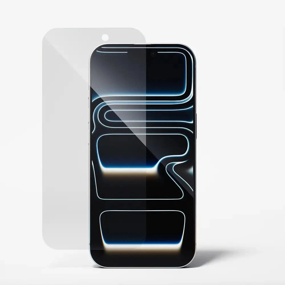Clear iPhone 17 screen protector by DROPGUYS, shown with phone displaying a futuristic design with neon-edged shapes.