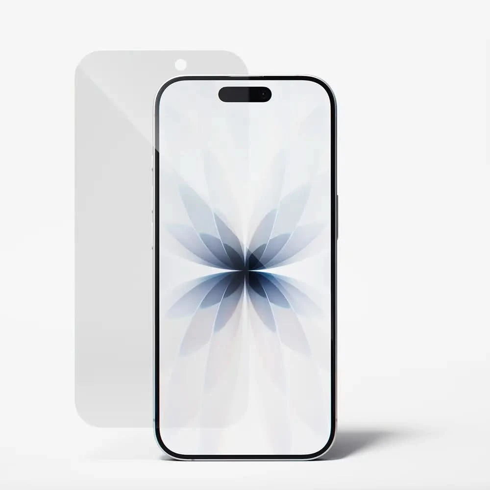 Screen protector by DROPGUYS with a floral pattern screen, next to its separate protector glass.