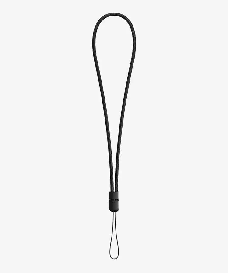 Black wrist strap by DROPGUYS with braided texture and loop connector.