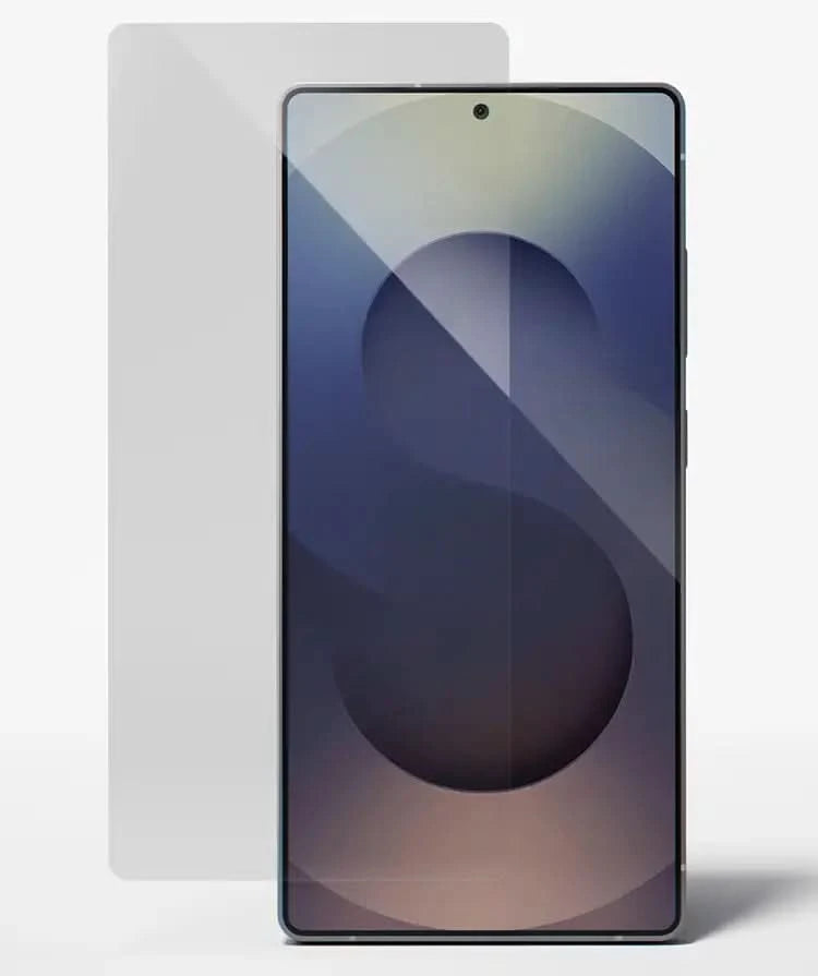 Screen protector by DROPGUYS, next to a smartphone with a circle-themed display.