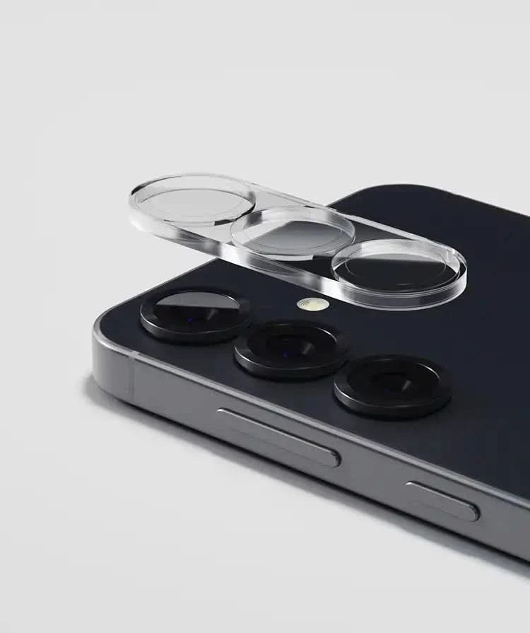 Camera lens protector for Samsung S25 by DROPGUYS, aligned above the phone camera lenses.