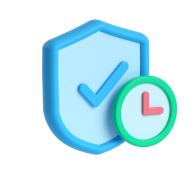 Blue shipping protection icon with a checkmark by DROPGUYS, next to a green clock.