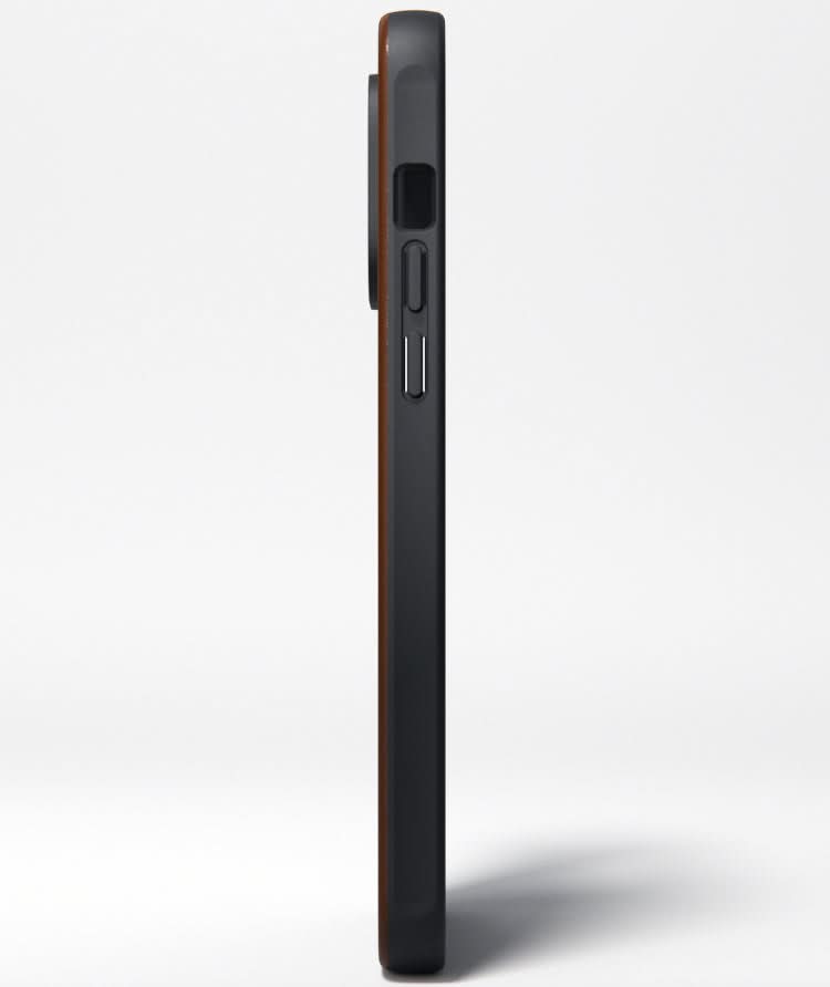 Leather iPhone 16 case by DropGuys with a black trim, shown in a side view.