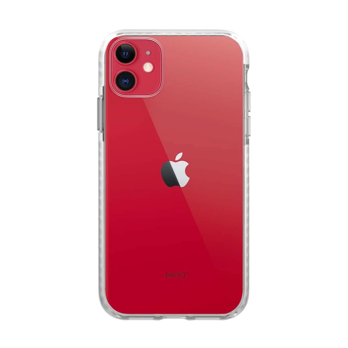 Clear iPhone case by DropGuys with a glossy finish, showcasing the red phone underneath.