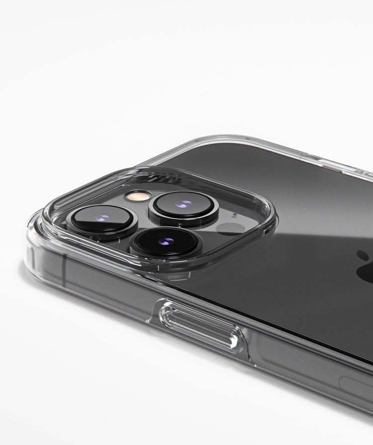 Clear ultra-slim iPhone 14 case by DropGuys showing camera lens protection detail.