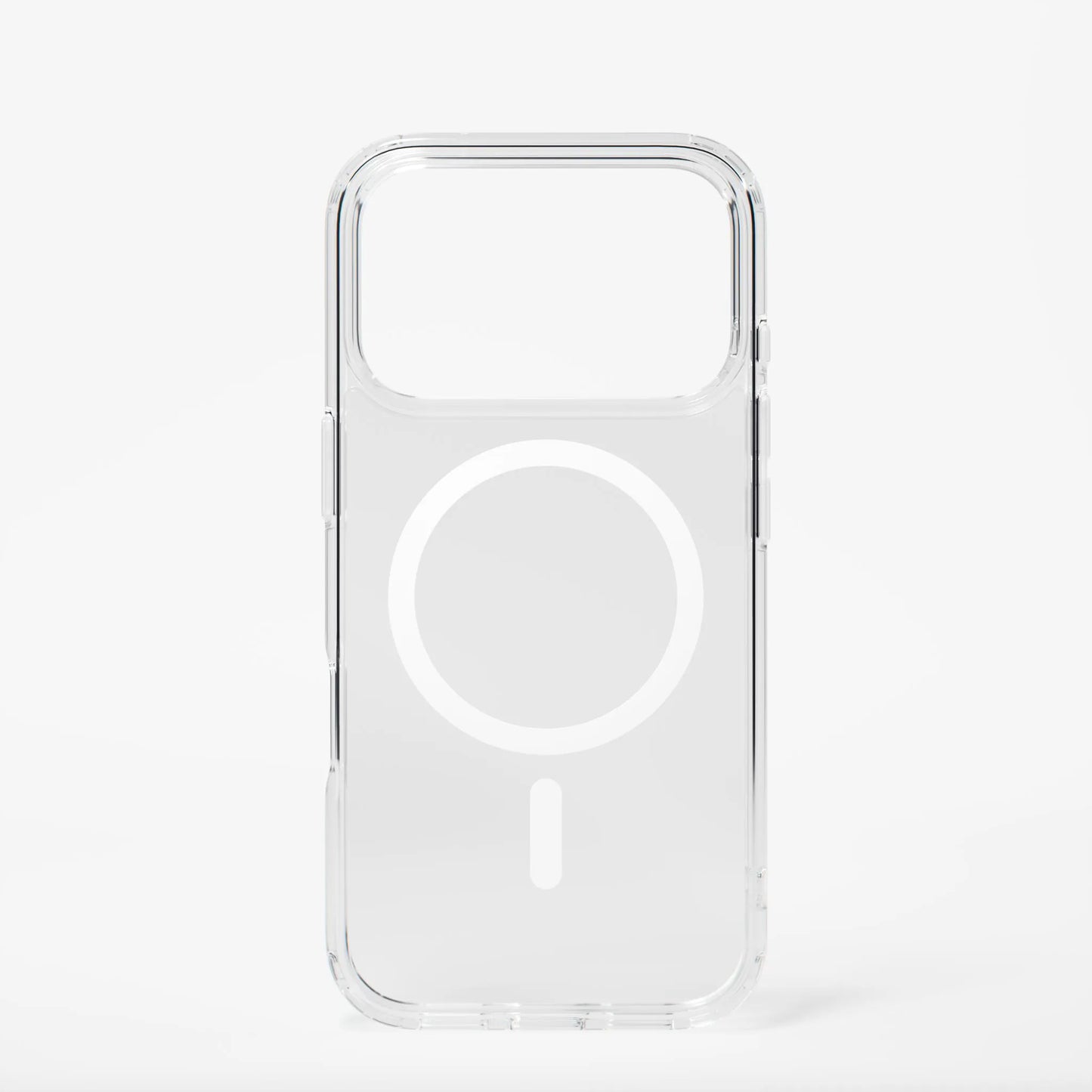 Clear iPhone 18 Pro case by Dropguys with MagSafe ring and raised camera border, back view.