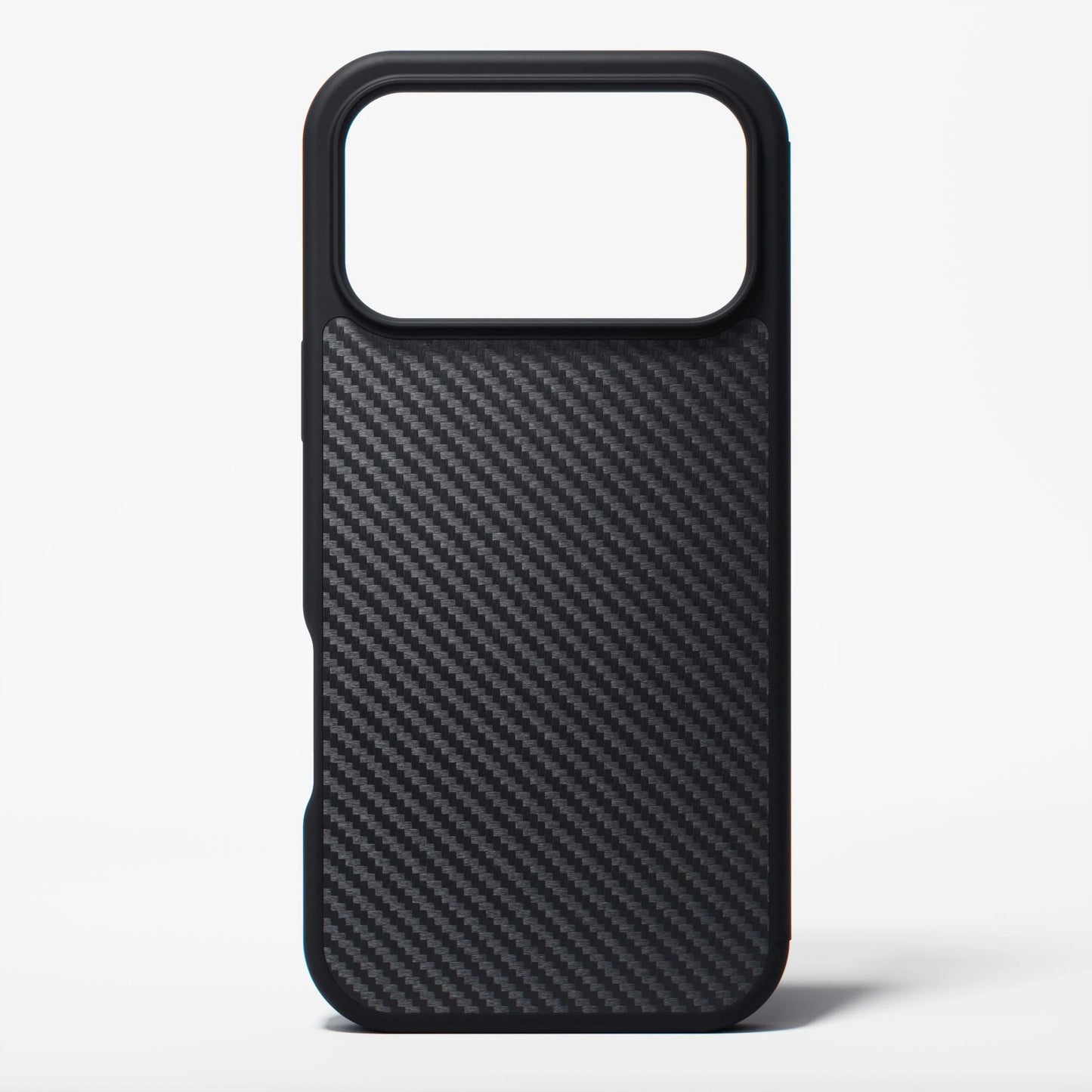 Black aramid fiber iPhone 18 Pro Max case by Dropguys — The Ultimate, with raised camera border.