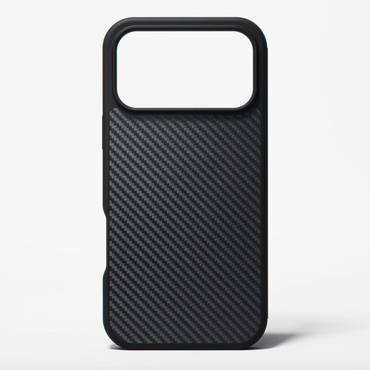 Black aramid fiber iPhone 18 Pro Max case by Dropguys — The Ultimate, with raised camera border.