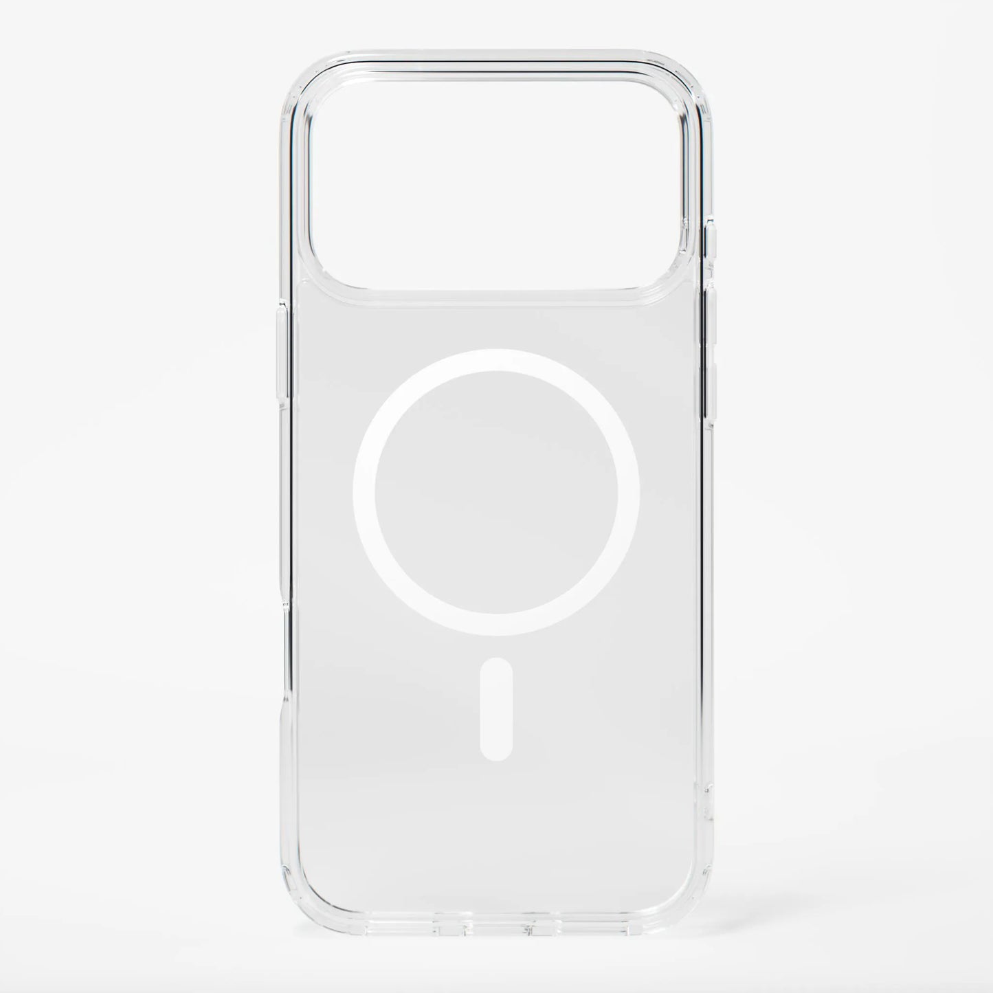 Clear iPhone 18 Pro Max case by Dropguys with MagSafe ring and raised camera border, back view.