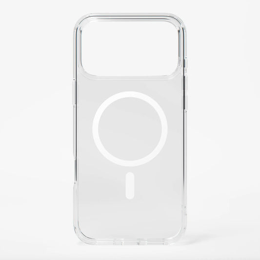 Clear iPhone 18 Pro Max case by Dropguys with MagSafe ring and raised camera border, back view.