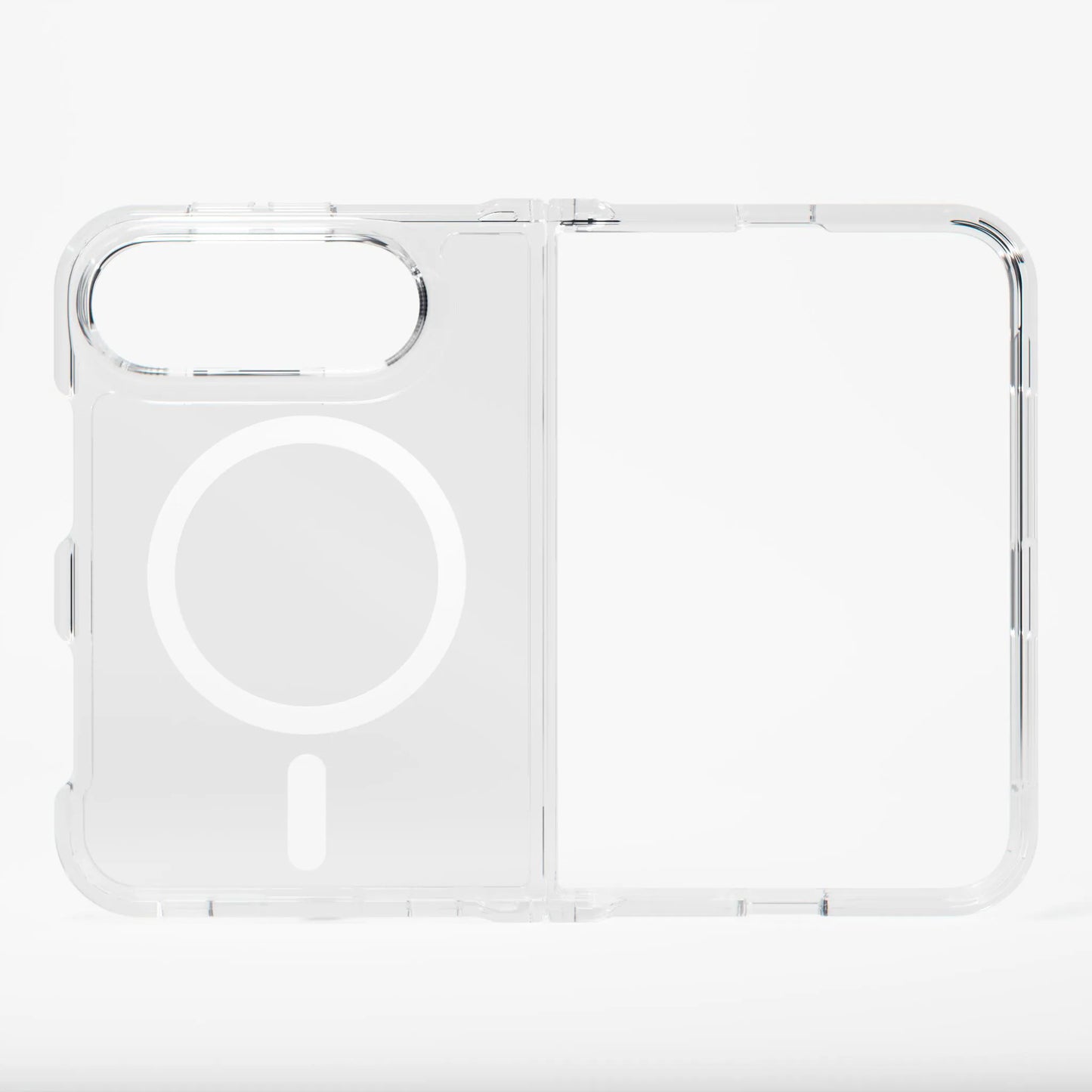 Dropguys clear iPhone 18 Ultra case shown open, with MagSafe ring and shock-absorbing corners.