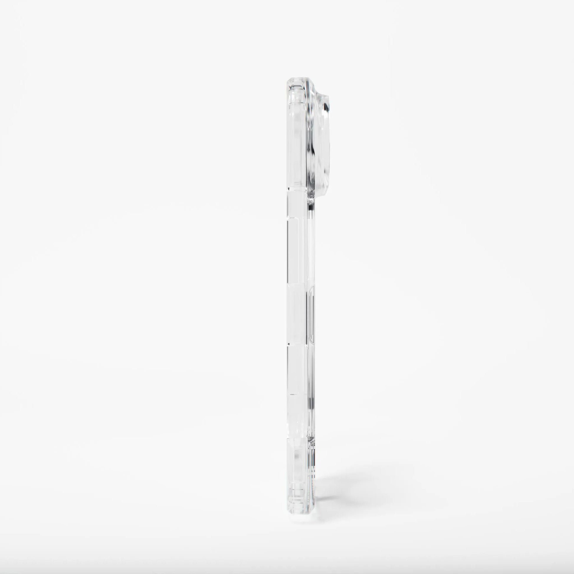 Side profile of the ultra slim clear Dropguys iPhone 18 Ultra case, showing button covers and thin fit.