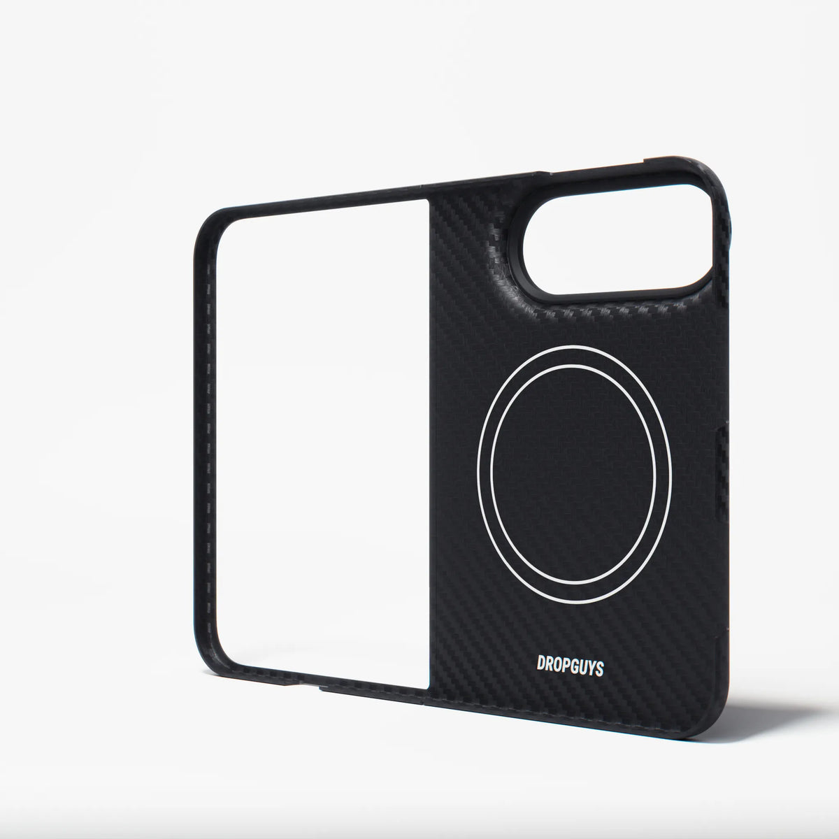 A black aramid fiber-textured iphone 18 duo case with a white circular MagSafe ring graphic and the 'DROPGUGS' brand name, shown on a light gray background.