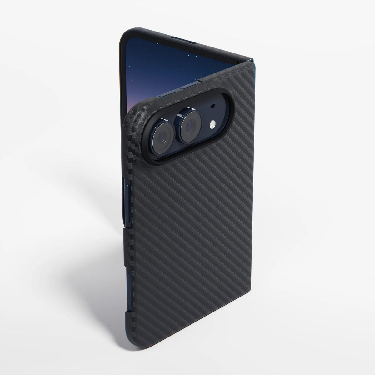 A black aramid fiber textured iphone 18 duo case shown on a smartphone, photographed from the back at an angle against a clean white background.