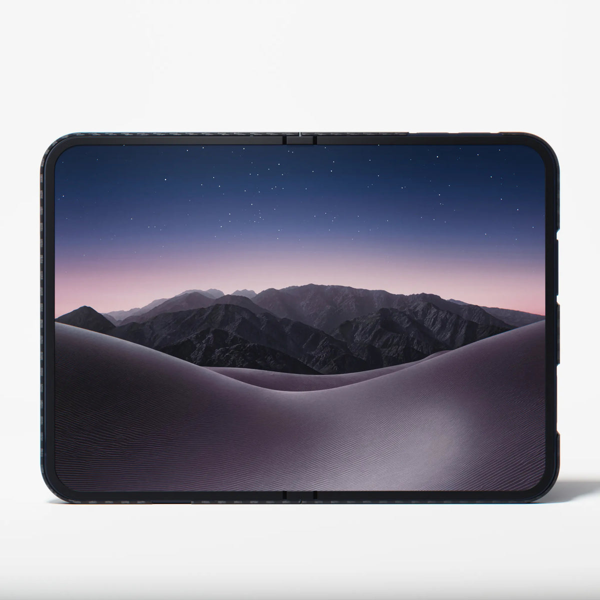 A black protective iphone 18 duo case with a textured border, shown on a white background. The screen of the phone inside displays a scenic wallpaper of mountains under a starry night sky.
