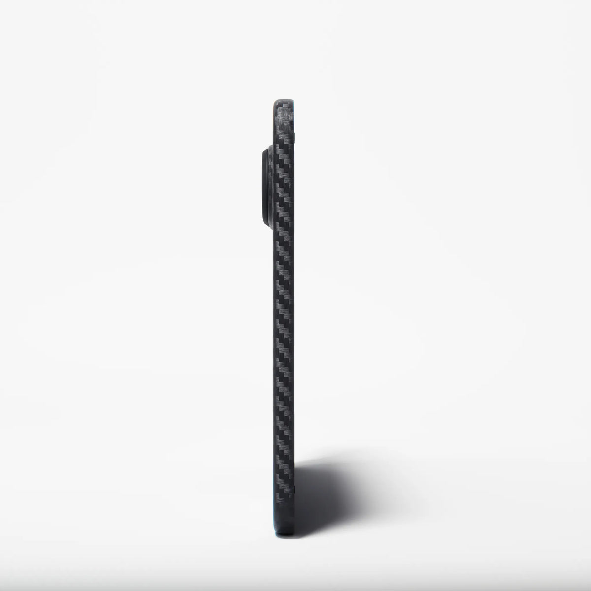 A slim black aramid fiber iphone 18 duo case shown from the side against a clean white background.